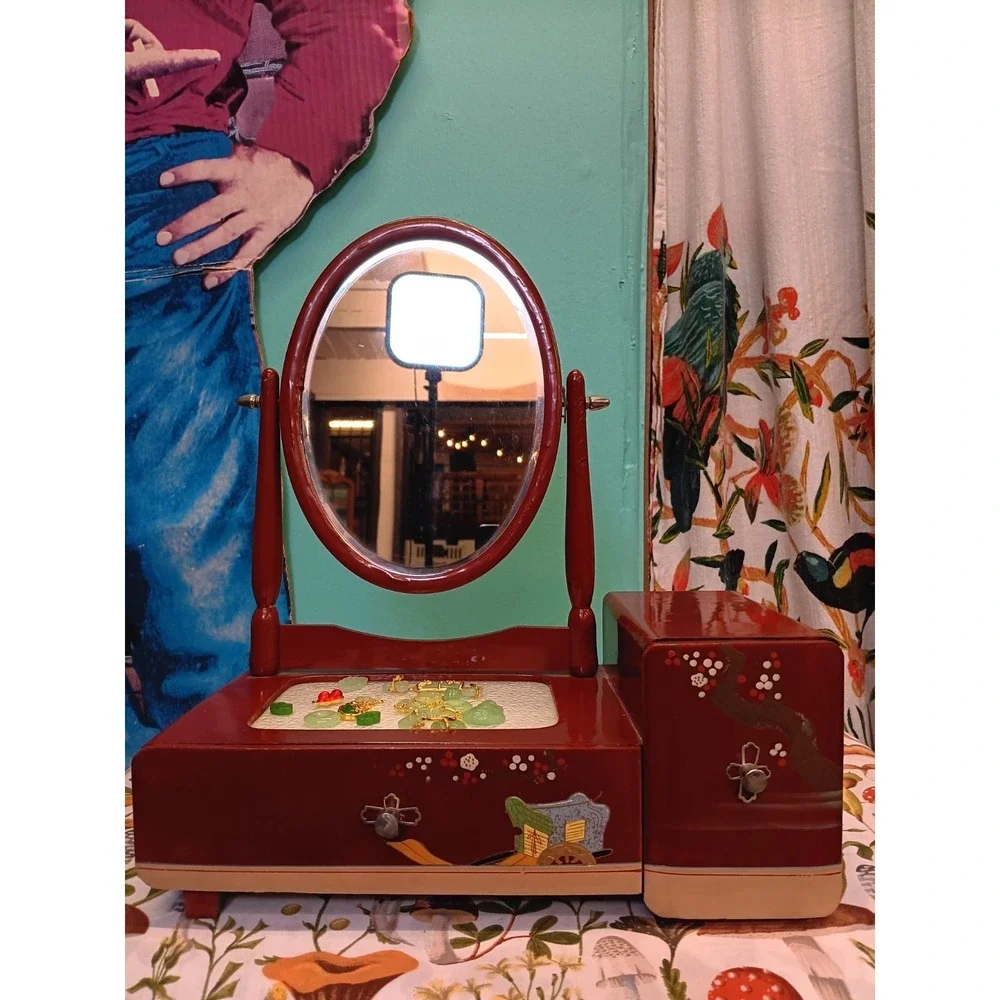 Antique Kyodai Mirror Stand Vanity  Japanese Lacquer Handpainted